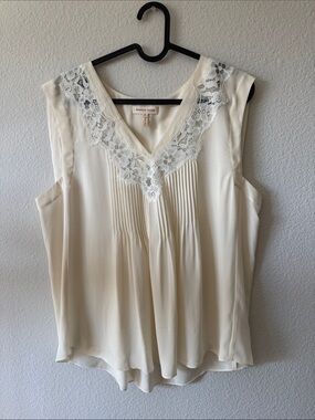 Rebecca Taylor Ivory Silk Camisole Lace-Trim V-Neck Pintuck Size 10
